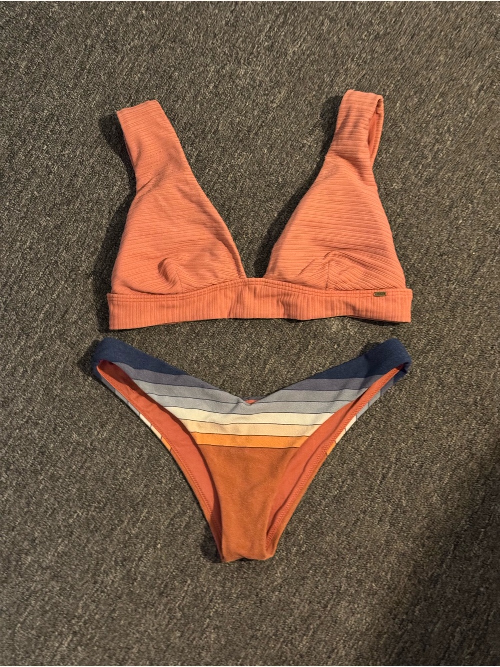 Rip Curl Rust Ribbed Triangle Bikini with Multicolor Striped Waist